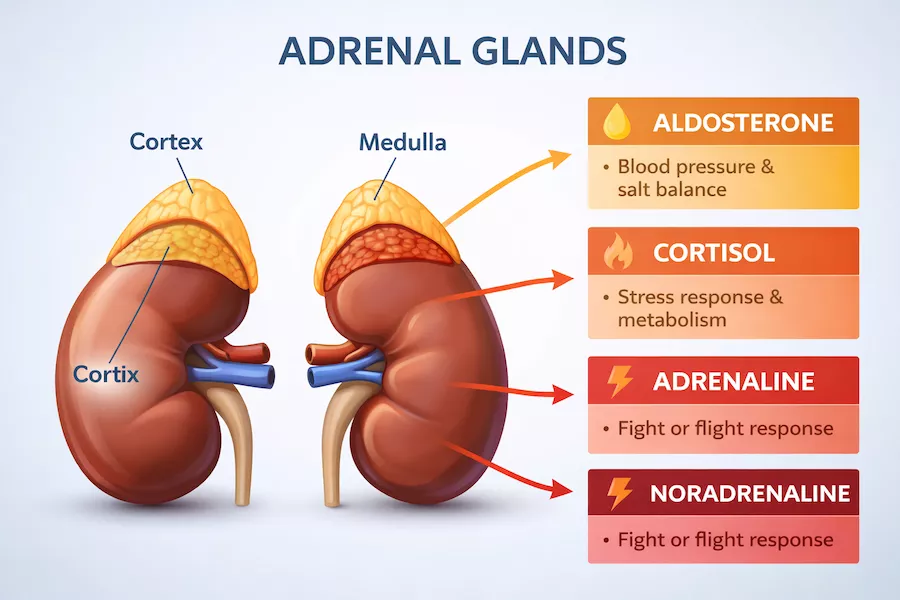 Illustration av binjurarna och deras hormonproduktion – tydlig uppdelning av bark och märg samt hormonerna aldosteron, kortisol, adrenalin och noradrenalin.