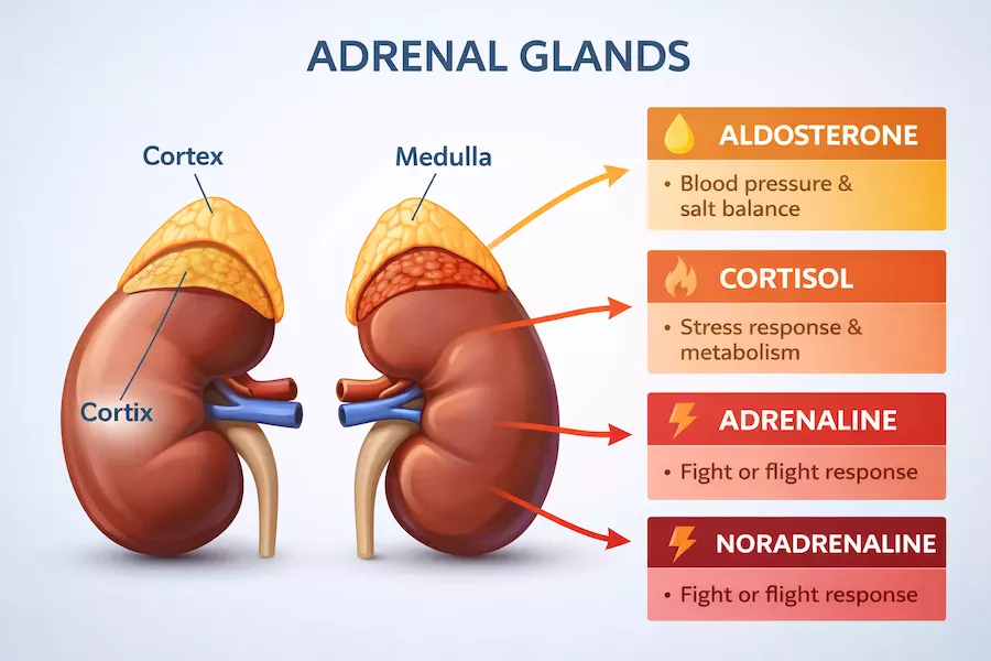 Illustration av binjurarna och deras hormonproduktion – tydlig uppdelning av bark och märg samt hormonerna aldosteron, kortisol, adrenalin och noradrenalin.